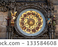 Prague, czech republic, august 9, 2023. Prague astronomical clock showing its intricate calendar dial with zodiac signs and allegorical statues representing vices and death 133584608