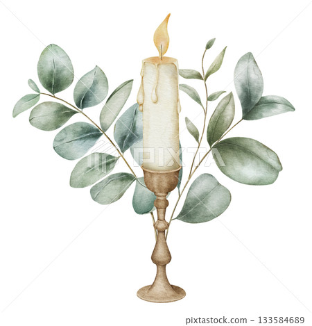 Watercolor illustration of a burning candle with wax drips in a vintage copper candlestick, decorated with eucalyptus branches, isolated on white background. Perfect for candle makers, holiday decor Watercolor illustration of a burning candle with wax drips in a vintage copper candlestick, decorated with eucalyptus branches, isolated on white background. Perfect for candle makers, holiday decor 133584689