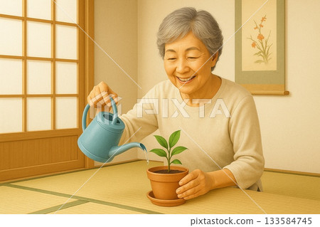 在日式房間裡給小盆栽澆水 133584745