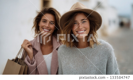 two happy young women are walking down a city street 133584747