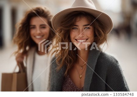 two happy young women are walking down a city street two happy young women are walking down a city street 133584748