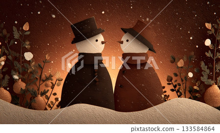 Cozy Winter Scene with couple of Snowmen and Ornaments 133584864