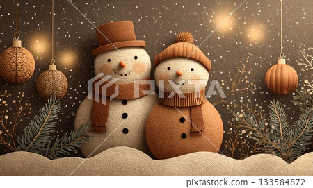 Cozy Winter Scene with couple of Snowmen and Ornaments 133584872