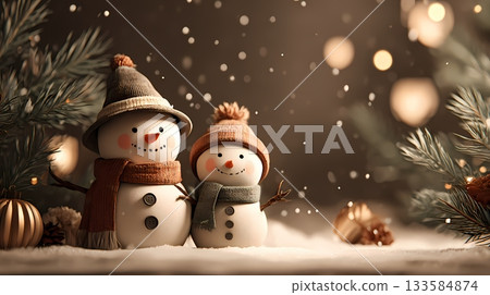 Cozy Winter Scene with couple of Snowmen and Ornaments 133584874