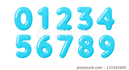 Glossy 3d blue number set in bright balloon style. Soft inflated digits with smooth shine create a playful look. Clean blue shapes and rounded 3d number forms suit kids, party and modern design 133584909