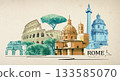Rome famous landmarks collage. The modern art design from best views of Rome, Ital at Europe. 133585070