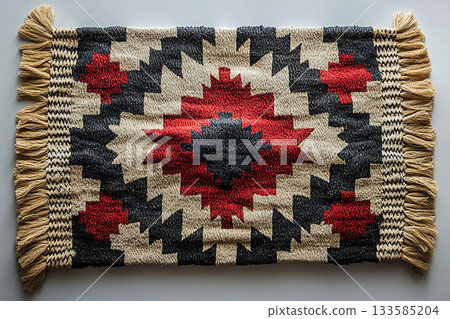 Handwoven rug texture with geometric print on a white background. Top view. Handwoven rug texture with geometric print on a white background. Top view. 133585204