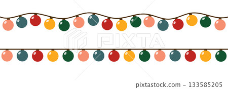A garland of glowing bulbs in the shape of a ball. Christmas lights attached to a banner. Multicolored garland. Christmas decoration. Flat design. A garland of glowing bulbs in the shape of a ball. Christmas lights attached to a banner. Multicolored garland. Christmas decoration. Flat design. 133585205