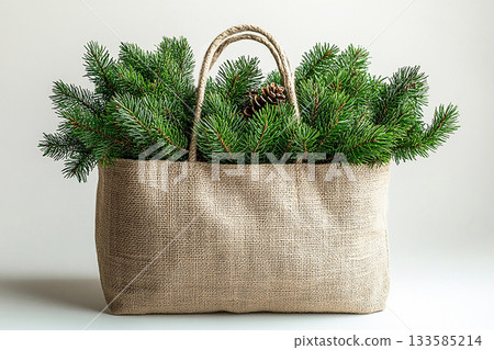 Reusable shopping bag made of fabric with Christmas tree branches on a white background. Reusable shopping bag made of fabric with Christmas tree branches on a white background. 133585214