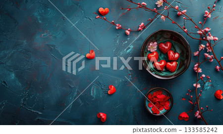 Valentine's Day, Red heart-shaped decorations in bowls on a blue background. Cherry blossom branches, romantic atmosphere. copy space, free space for text 133585242