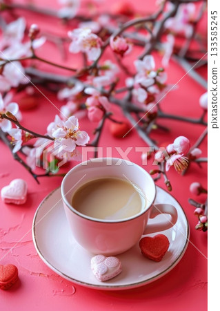 Valentine's Day, A cup of coffee sits on a pink plate surrounded by heart-shaped macarons and cherry blossom branches. The background is a vibrant pink color 133585245