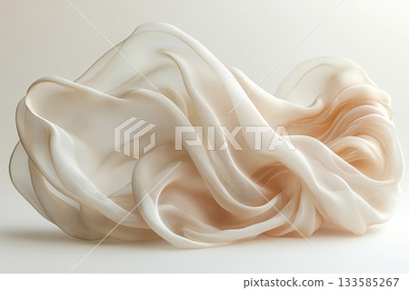 Ideal for or lifestyle influencers. Elegant silk scarf in natural tones with soft, flowing folds, highlighting its luxurious texture against a white background. Fashion and accessories marketing. 133585267