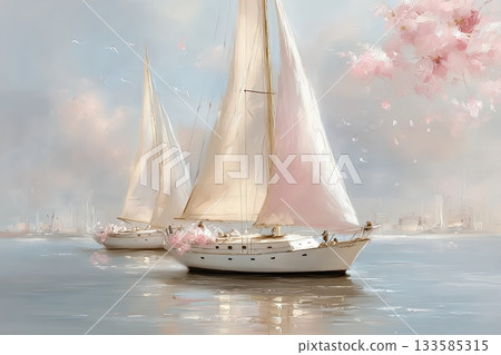 Dreamy impressionist painting of elegant sailboats gliding across calm water Dreamy impressionist painting of elegant sailboats gliding across calm water 133585315