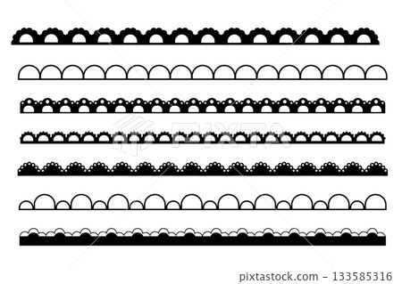 Scalloped border set simple cute divider geometric ornament edge cutout decoration. Fabric laces silhouette, textile frill stripe 133585316
