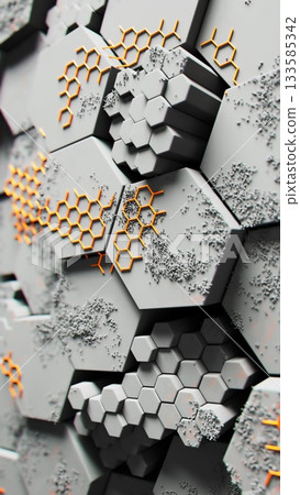 Futuristic Hexagonal Surface with Orange Accents Futuristic Hexagonal Surface with Orange Accents 133585342