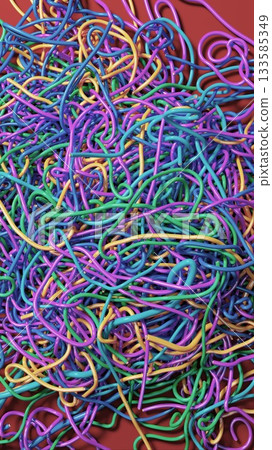 Vibrant Chaos: A Tangle of Colorful Rubber Bands on Contrasting Background Vibrant Chaos: A Tangle of Colorful Rubber Bands on Contrasting Background 133585349