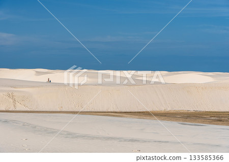 Dunes and lagoons of lagoa bonita, Lencois Maranhenses, Barreirinhas, Brazil. White sand dunes with pools of fresh water 133585366