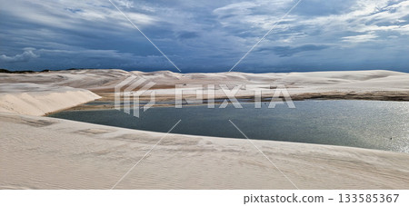 Dunes and lagoons of lagoa bonita, Lencois Maranhenses, Barreirinhas, Brazil. White sand dunes with pools of fresh water 133585367