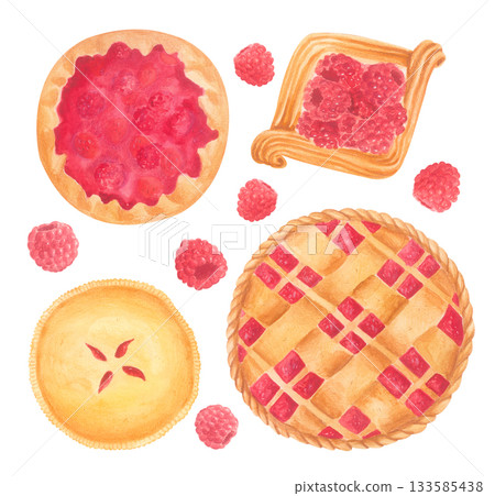 Watercolor set of raspberry pies and pastries, isolated illustration. Watercolor set of raspberry pies and pastries, isolated illustration. 133585438