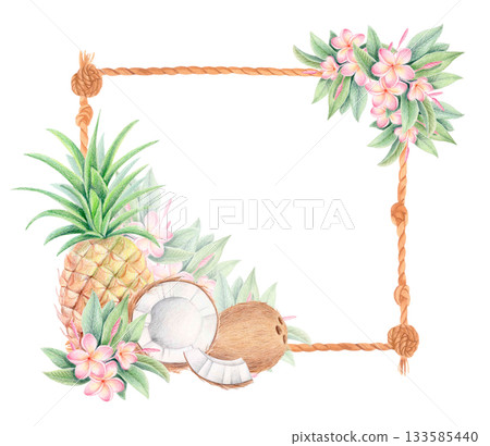 Tropical watercolor rope frame with pineapple, coconut and plumeria flowers isolated on white. Exotic fruits botanical border. 133585440