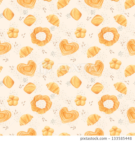 Watercolor seamless pattern with pastries in cozy hand-drawn style isolated on light background. 133585448