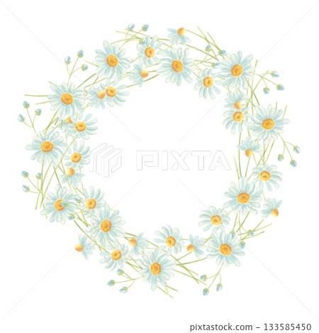 Watercolor chamomile floral wreath. 133585450