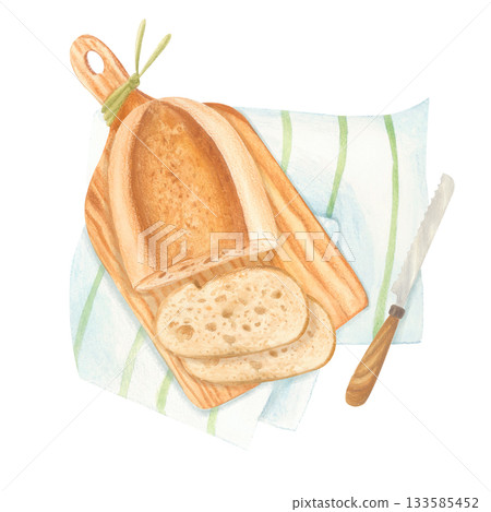 Watercolor isolated illustration of sliced bread on wooden board with knife and towel. 133585452