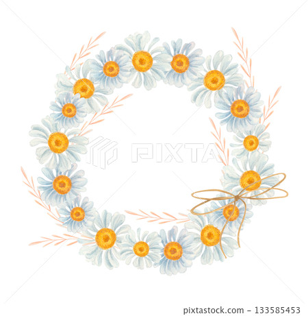 Watercolor daisy wreath with bow. Illustration isolated on white background. 133585453