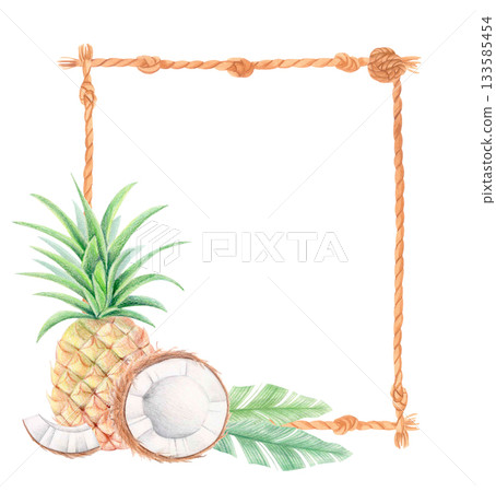 Tropical watercolor rope frame with pineapple, coconut and banana leaves isolated on white. Exotic fruits botanical border. 133585454