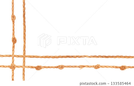 Watercolor marine corner rope frame with sailor knots. Nautical clipart border in rustic vintage style for cards and invitations. Watercolor marine corner rope frame with sailor knots. Nautical clipart border in rustic vintage style for cards and invitations. 133585464
