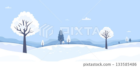 Winter Landscape with Snowy Trees and Hills. Calm Seasonal Nature. Minimal flat winter-time horizontal background banner. Vector illustration. Not AI 133585486