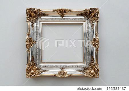 Lifestyle mockup. Picture frame in baroque style. Empty stylish photo frame. Mock up for modern interior and branding. Lifestyle mockup. Picture frame in baroque style. Empty stylish photo frame. Mock up for modern interior and branding. 133585487
