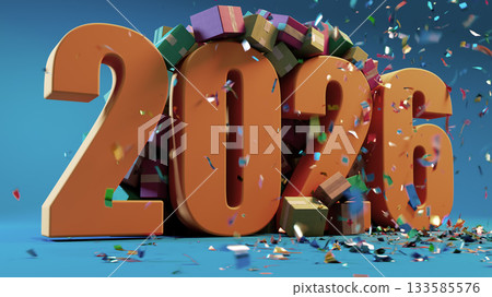 Vibrant 2026 New Year Celebration With Large Orange Numbers, Confetti and Gift Boxes Vibrant 2026 New Year Celebration With Large Orange Numbers, Confetti and Gift Boxes 133585576