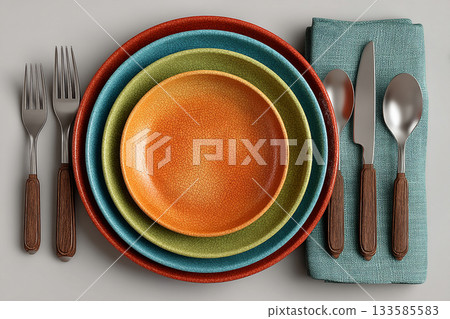Formal dining settings. Bright silverware set. Fork, knife and spoon. Casual dining or lifestyle. Kitchenware and dining products. 133585583