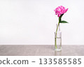 Bouquet of peoni in glass vases. Pink harmony of peoni. Fresh peonie on the table.  Kansas, Paul M. Wild. Sarah Bernhardt 133585585