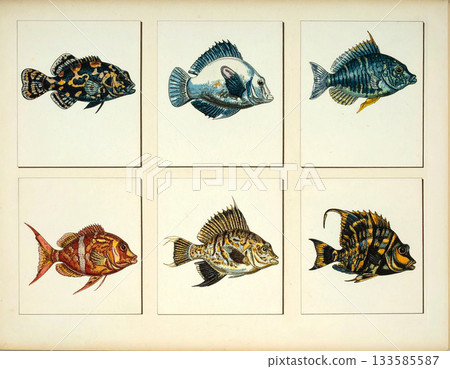 Different colors. Texture of ceramic tile with a of pattern of fish in natural colors. Material for interior. Design mockup and background. 133585587