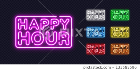 Glowing neon Happy Hour signs in multiple bright colors on a transparent background. A lively modern design perfect for ads, motivational graphics, and digital promotions. Glowing neon Happy Hour signs in multiple bright colors on a transparent background. A lively modern design perfect for ads, motivational graphics, and digital promotions. 133585596