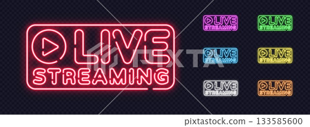 Set of glowing neon Live Streaming signs in multiple colors on a transparent background. Perfect for advertising shops, restaurants, and modern digital promotions. 133585600