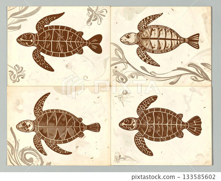 Seamless pattern. Texture of ceramic tile with a of pattern of turtle in natural colors. Material for interior. Design mockup and background. 133585602