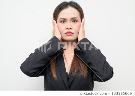 Asian Business Woman Hands Covering Ears Studio Portrait on White Background 133585669