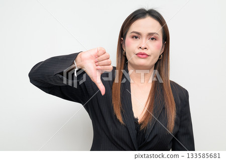 Asian Business Woman Thumbs Down Studio Portrait on White Background 133585681