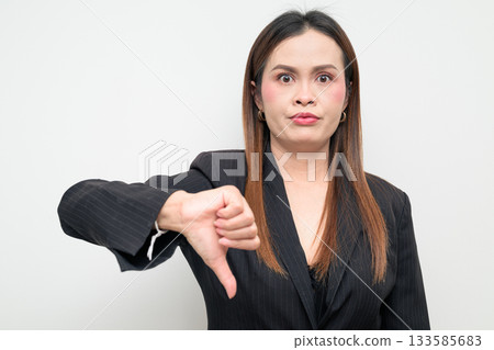 Asian Business Woman Thumbs Down Studio Portrait on White Background 133585683