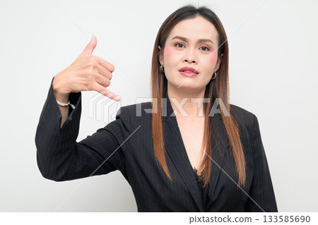 Asian Business Woman Shaka Gesture Studio Portrait on White Background 133585690