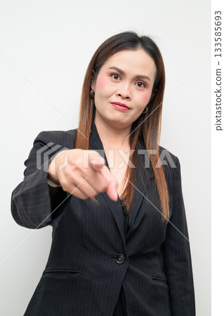 Asian Business Woman Pointing at You Studio Portrait on White Background Asian Business Woman Pointing at You Studio Portrait on White Background 133585693