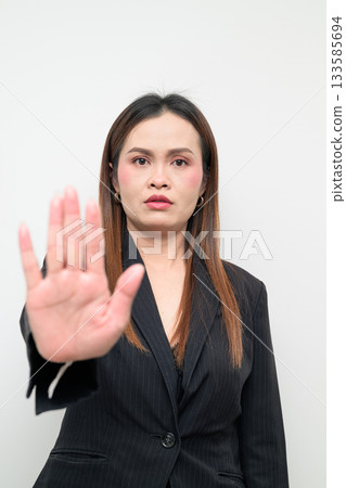 Asian Business Woman Stop Rejection NO Gesture Studio Portrait on White Background Asian Business Woman Stop Rejection NO Gesture Studio Portrait on White Background 133585694