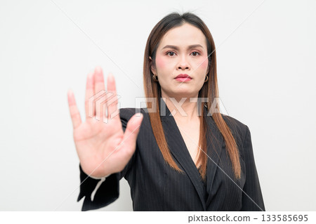 Asian Business Woman Stop Rejection NO Gesture Studio Portrait on White Background Asian Business Woman Stop Rejection NO Gesture Studio Portrait on White Background 133585695