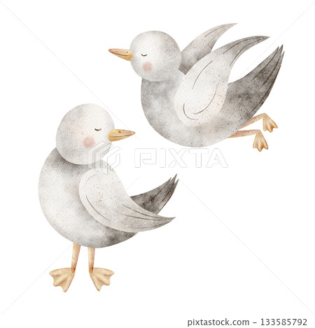 Seagulls, doves, flying seabirds. Hand-drawn watercolor bird illustration in cute, childish style. Character image is isolated from background for design postcards, posters, clothing, nursery stickers 133585792
