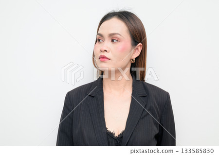 Thoughtful Asian Business Woman Thinking Studio Portrait on White Background Thoughtful Asian Business Woman Thinking Studio Portrait on White Background 133585830