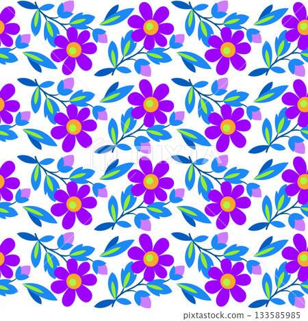 Purple blue flowers on white background Magic seamless pattern of flowers Bright cold plant ornament Purple blue flowers on white background Magic seamless pattern of flowers Bright cold plant ornament 133585985
