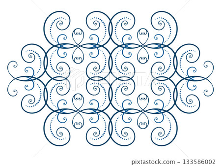 Elegant design element of blue curls on white background. Frost pattern on the window. Ethnic folk ornament in nordic style. Monochrome ornamental decor of swirls. Winter holiday decor. Elegant design element of blue curls on white background. Frost pattern on the window. Ethnic folk ornament in nordic style. Monochrome ornamental decor of swirls. Winter holiday decor. 133586002